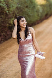 Sparkly Spaghetti Straps Rose Gold V Neck Prom Dresses with Sequins, Dance Dresses STI15537