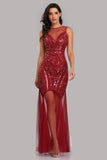 See Through Burgundy Mermaid Bateau Prom Dresses with Beading Tulle Party Dresses STI15324