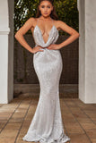 Sexy Mermaid Deep Neck Halter Backless Sequins Prom Dresses Long Formal Dresses STI15338