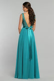 2024 A Line Chiffon V Neck Bridesmaid Dresses With Sash Floor PC3GS4SP