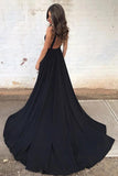 Simple Deep V Neck Black Backless Prom Dresses with Pockets, Long Formal Dresses STI15390