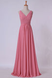 2024 Prom Dresses A Line V Neck Chiffon Floor P5T23LC4