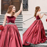 Special Burgundy Velvet Sweetheart Beads Strapless Sash Ruched Satin Prom Dresses