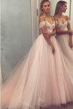 A Line Sweetheart Beaded Off the Shoulder Pink Long Prom Dresses Wedding Dress