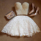 A-Line Two Pieces Sweetheart Short White Lace Knee Length Homecoming Dress with Pearls