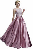 Elegant A-Line Applique Round Neck Lace Satin Ball Gown Evening PF19Q8AM