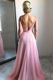 Spaghetti Straps Long V-Neck Simple Flowy Pink Prom Dresses PTG7QQ37