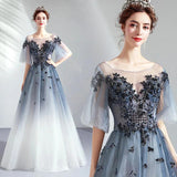 A Line Half Sleeves Tulle Long Ombre Prom Dress with Appliques Blue Evening Dresses STI15001