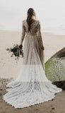 Charming A Line Long Sleeves V Neck Lace Ivory Beach Wedding Dresses, Bridal STI20395