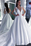 A Line Round Neck White Prom Dresses Bowknot Satin Wedding Dresses STI15022