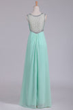 2024 Mint Scoop A Line Prom Dresses Chiffon With Beads & Ruffles Floor P8ELAPYL