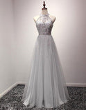 A-line Halter Sequins Tulle Floor Length Prom Dresses Evening Dresses