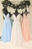 Spaghetti Straps Beading Bodice Long Chiffon Prom Dresses Evening Dresses