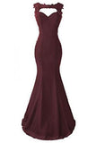 Burgundy Applique Long Mermaid Prom Dresses Evening Dresses