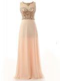 Round Neck Beading Bodice Long Chiffon Prom Dresses Evening Dresses