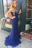 V-neck Beading Backless Long Mermaid Prom Dresses Evening Dresses