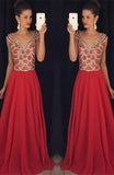 Red V-neck Beading Bodice Long Chiffon Prom Dresses Evening Dresses