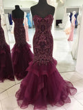 Strapless Sweetheart Long Tulle Mermaid Beads Prom Dresses, Maroon Formal Dresses STI15433