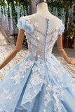 Light Sky Blue Gorgeous Prom Dress With Flowers Ball Gown Quinceanera Dress PZDMKHBY