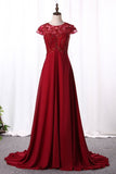 2024 Prom Dresses A Line Scoop Neck Empire Waist Chiffon With Beading PDFNRYM2