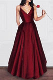 Spaghetti Straps V-Neck Long Burgundy Satin Prom Dresses PDNKPJDE