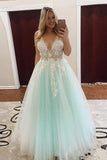 Charming Ball Gown V Neck Tulle Lace Appliques Prom Dresses, Evening STI20397