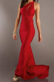 Elegant Prom Dresses 2024 Red Sheath/Column One Shoulder Chiffon PJ7S56G1