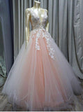 Charming Ball Gown V Neck Tulle Lace Appliques Prom Dresses, Evening STI20397