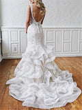 Stunning Mermaid Lace V Neck Backless Wedding Dresses Straps Wedding Gowns STI15438