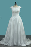 2024 Scoop Cap Sleeve Wedding Dresses A Line Satin With Ruffles And P17FS4Y2