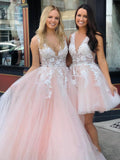 Charming Ball Gown V Neck Tulle Lace Appliques Prom Dresses, Evening STI15625