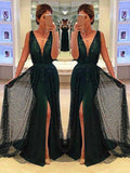 Sheath Deep V-Neck Sweep Train Dark Green Lace Sleeveless Prom Dress with Split Sequins