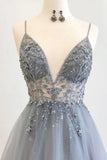 Spaghetti Straps V Neck Tulle Prom Dress With Appliques A Line Long Formal Dress PC2S5SDZ