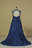 2024 Open Back High Neck A Line Evening Dresses Taffeta Sweep P3916FMD