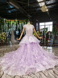 Ball Gown Lace Appliques Cap Sleeves Long Prom Dresses, Quinceanera STI20480