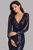 Long Split Sleeve Mermaid V Neck Dark Navy Blue Sequins Prom Dresses, Formal Dress STI15256