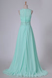 2024 Mint Prom Dresses A-Line Bateau Chiffon With Beads And Ruffles PFYQB2GA