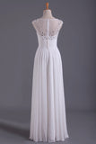 2024 White Bateau A-Line Prom Dresses Chiffon Floor-Length With Beads PL7AEJ2R