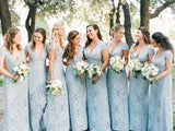 Mermaid Lace Baby Blue V Neck Bridesmaid Dresses for Wedding STI20425