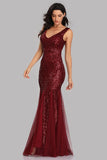 Sexy Burgundy Tulle V Neck Mermaid Sequin Prom Dresses, Evening Party Dresses STI15332