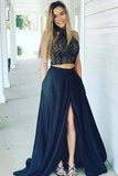 Modeatm Halter Navy Blue Long 2 Pieces Lace Prom Dresses PB7MTF7G