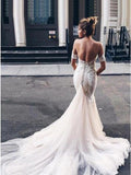 Charming Mermaid Sweetheart Backless Tulle Wedding Dresses with Lace Appliques STI15111