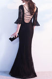 Elegant Black Lace Popular V-Neck Half Sleeve Sexy Mermaid Lace up Prom Dresses