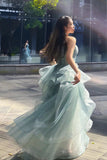 Gray Spaghetti Straps Tulle Princess Formal Evening Party Dresses Long Formal Prom Dresses