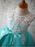 Blue Ball Gown Scoop Sleeveless Bowknot Floor-Length Tulle Appliques Flower Girl Dresses