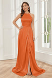 Column Halter Soft Satin Bridesmaid Dress with Pockets