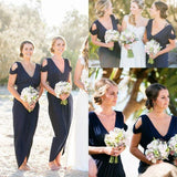 A-Line V-Neck Boho Navy Jersey Beach Cheap Popular Open Back Chiffon Bridesmaid Dresses