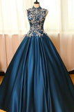 High Neck Sleeveless Appliques Ball Gown Open Back Satin Long Blue Prom Dresses