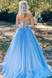 Shiny Sweetheart Sequins BlueTulle Formal Evening Dresses Long Prom Dresses