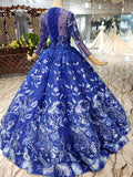 Ball Gown Blue Round Neck Prom Dresses with Beads Lace up Quinceanera Dresses